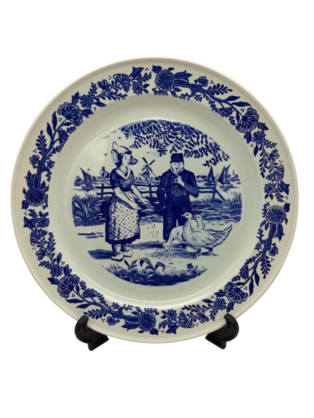 Vintage Delft Blue Dutch Couple Geese Windmill 12.75in Charger Plate Decor Wall